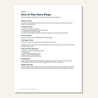 Personalized Story Bingo instruction sheet explaining how to play.