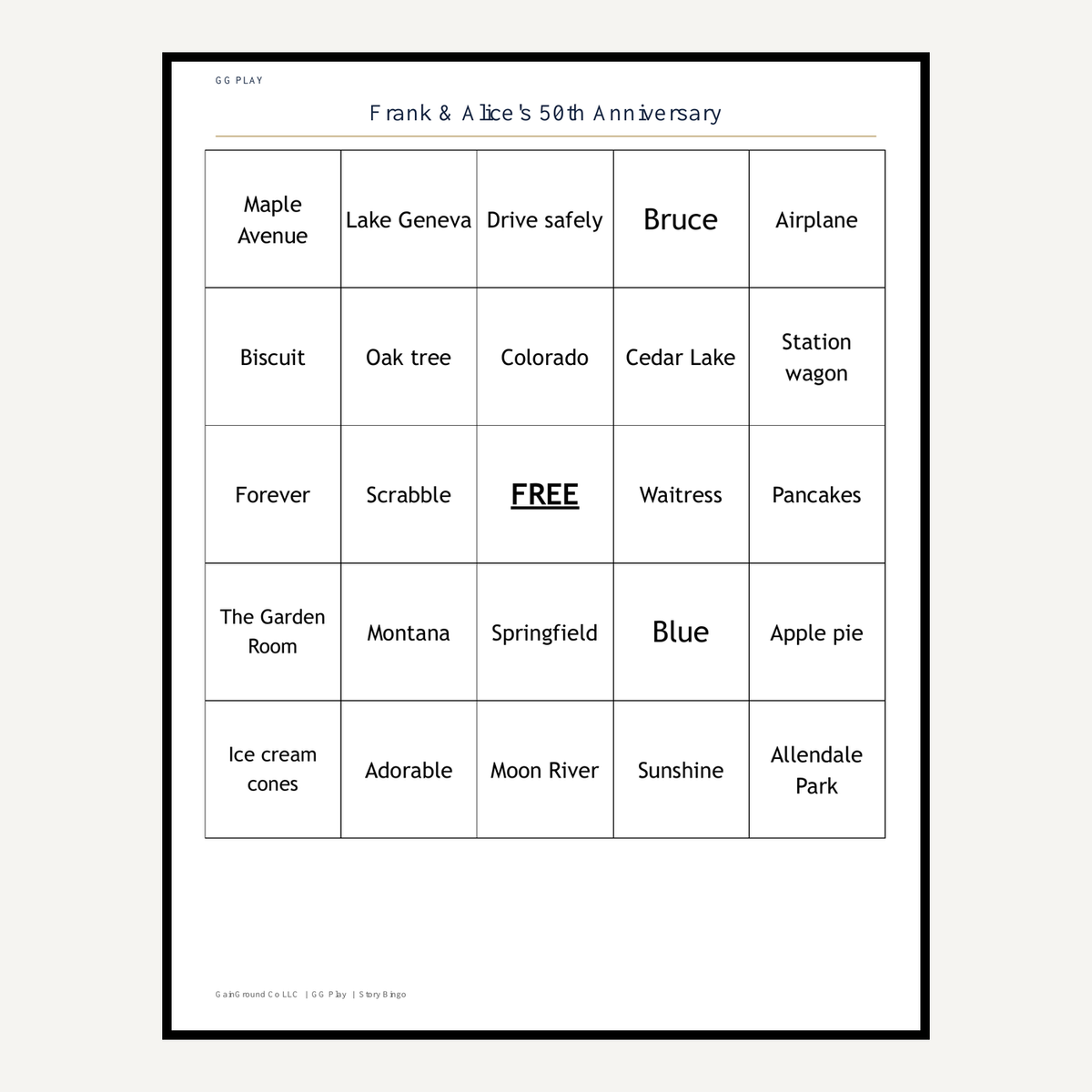 Personalized Story Bingo playing card on plain white paper, shown in a one-card-per-page layout.