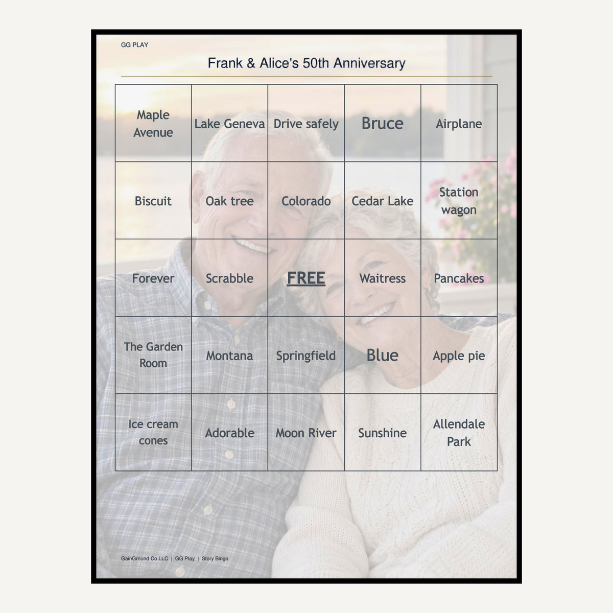 Personalized Story Bingo playing card with a photo watermark background, shown in a one-card-per-page layout.