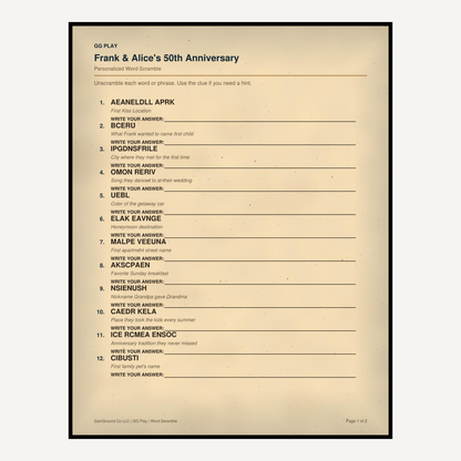 Personalized word scramble puzzle on a single page with an antique-style paper background.
