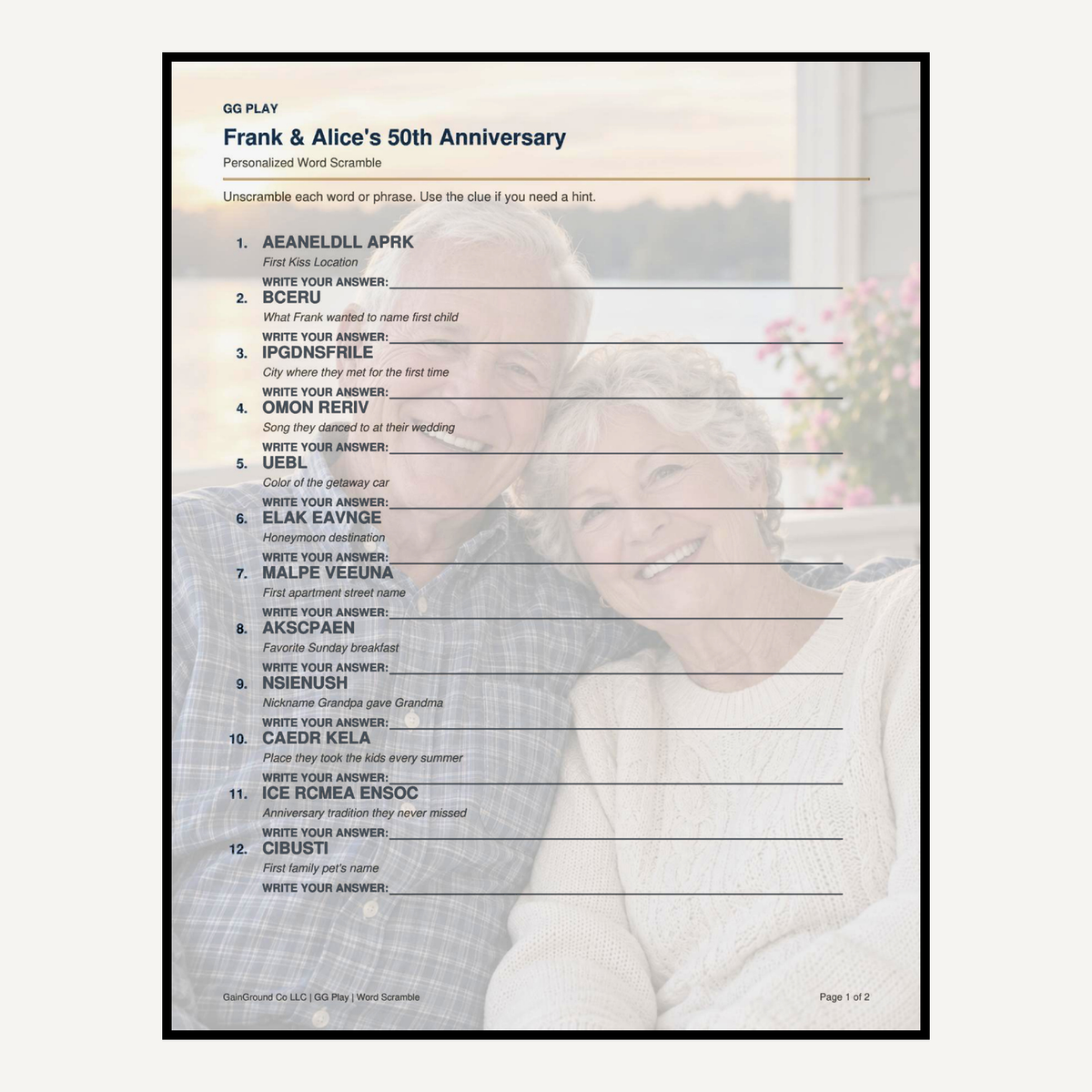Personalized word scramble puzzle on a single page with a photo watermark background.