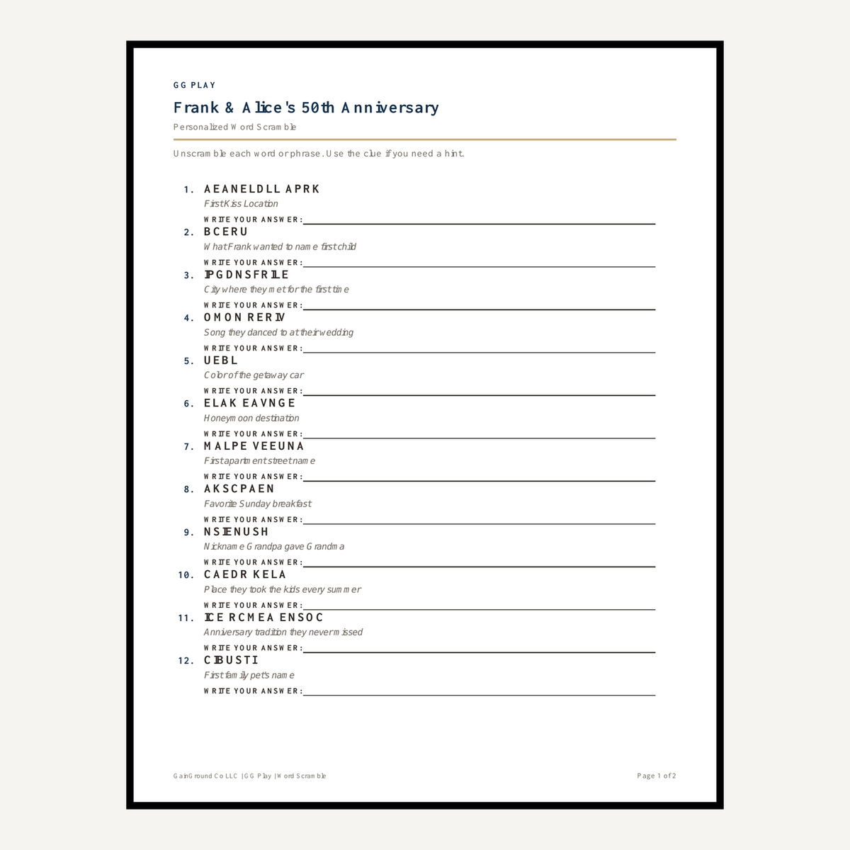 Personalized word scramble puzzle on a single page with a plain white background.
 
