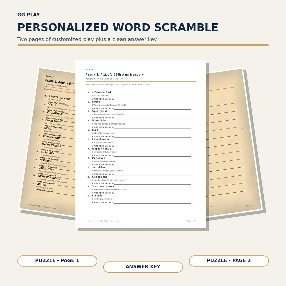 Personalized word scramble puzzle sheets shown on plain white and antique-style paper backgrounds