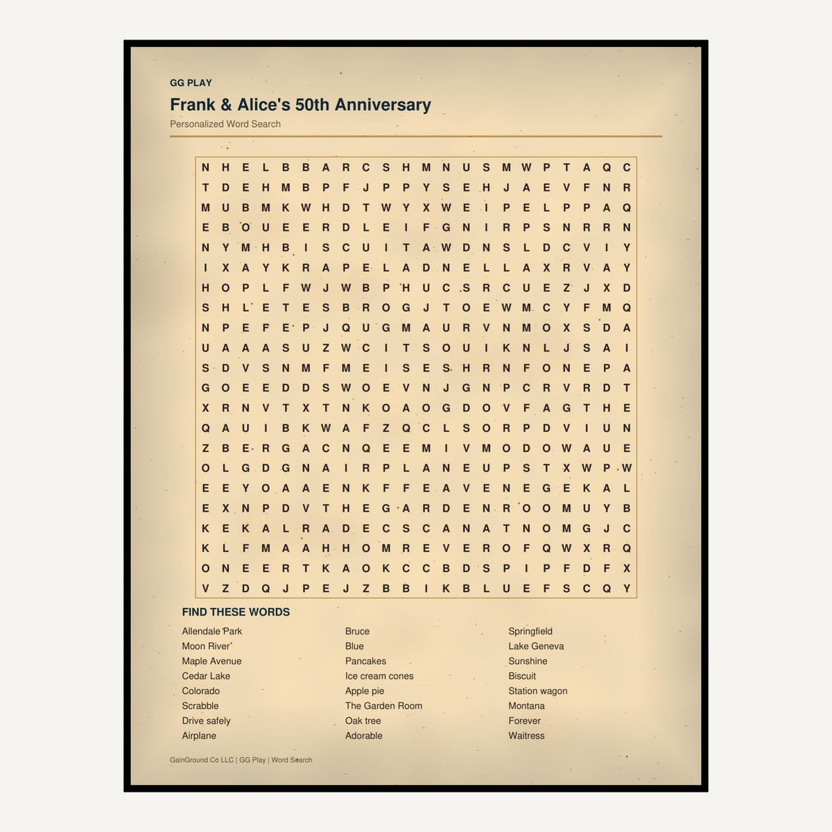 Personalized word search puzzle with a letter grid and word list on an antique-style paper background.