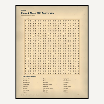 Personalized word search puzzle with a letter grid and word list on an antique-style paper background.