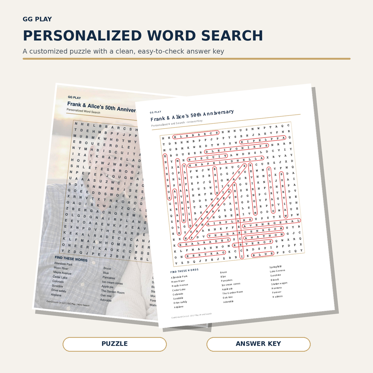 Personalized word search puzzle with a photo watermark, word list, and matching answer key.