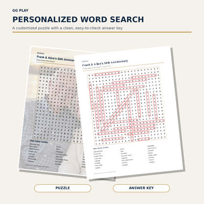 Personalized word search puzzle with a photo watermark, word list, and matching answer key.