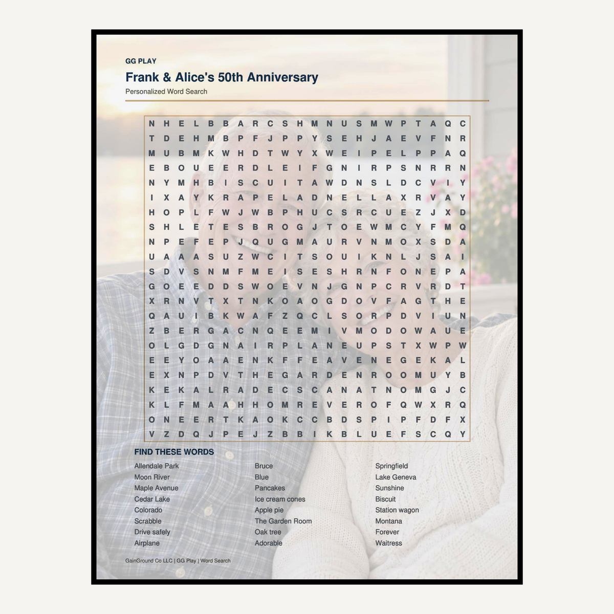 Personalized word search puzzle with a photo watermark, word list