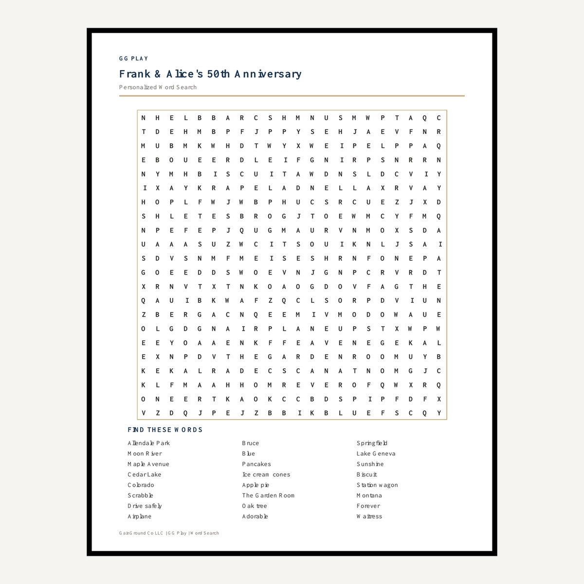 Personalized word search puzzle with a letter grid and word list on a plain white background.