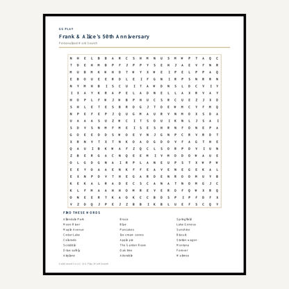 Personalized word search puzzle with a letter grid and word list on a plain white background.